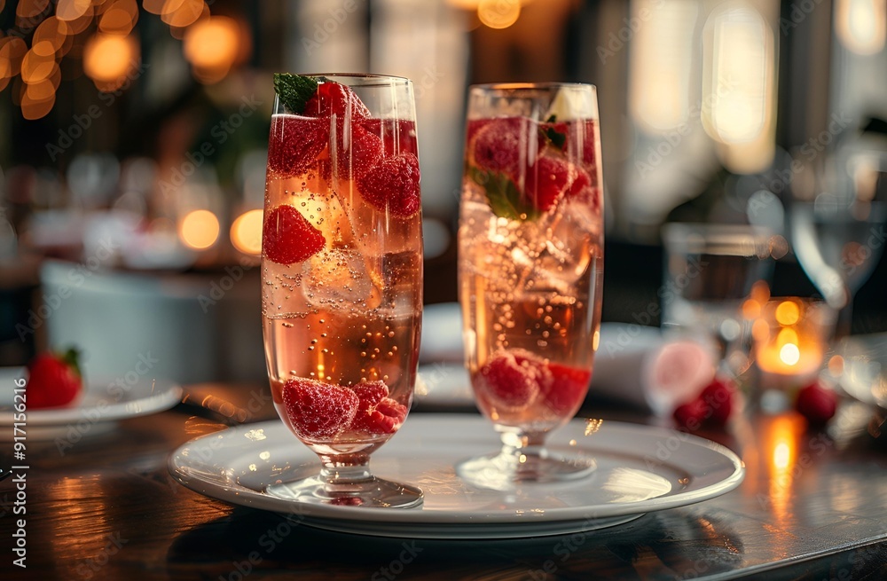 Two elegant glasses of champagne adorned with fresh strawberries on top. Two elegant glasses of champagne adorned with fresh strawberries on top.