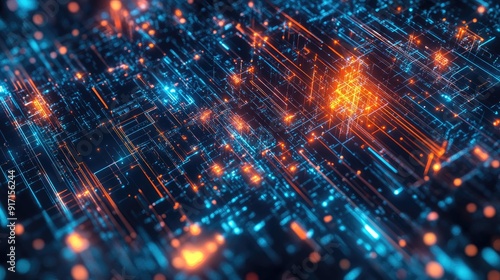 Overhead view of a futuristic abstract tech grid with interconnected nodes and patterns