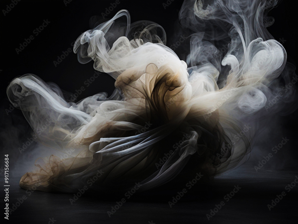 Mystical mist with swirling smoke in dark and light symphony. Fluid fantasia. Abstract dance of fog and light on floor with black background Mystical mist with swirling smoke in dark and light symphony. Fluid fantasia. Abstract dance of fog and light on floor with black background