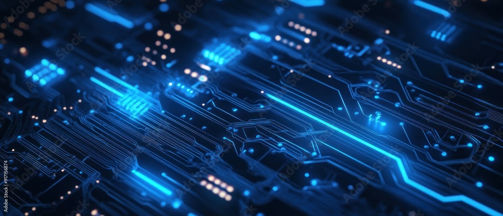 Obraz premium Illuminated Circuit Board with Blue Lines and Glowing Points