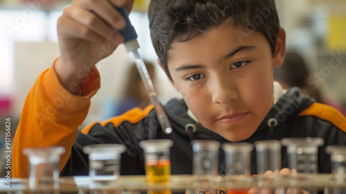 Boy Focused on Science Experiment photo