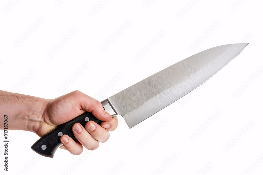 A hand holding a large, sharp, kitchen knife with a black handle and silver blade. The knife is held in a tight grip, with the fingers curled around the handle. Generative Ai A hand holding a large, sharp, kitchen knife with a black handle and silver blade. The knife is held in a tight grip, with the fingers curled around the handle. Generative Ai
