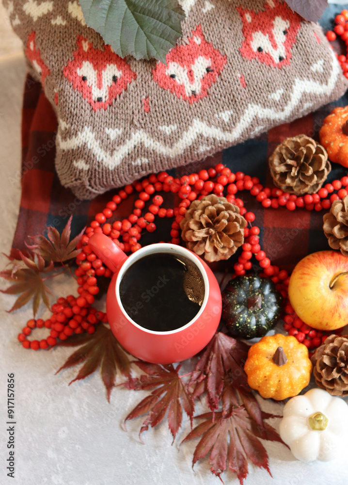Fall season composition with cup of coffee and autumn decorations on a table. Warm autumn still life. Fall season composition with cup of coffee and autumn decorations on a table. Warm autumn still life.