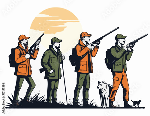 Hunters lokking for prey. Vector caricature. Hunters losers. Comic hunters