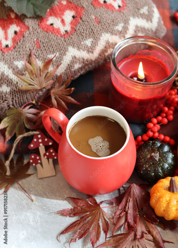 Fall season composition with cup of coffee and autumn decorations on a table. Warm autumn still life. Fall season composition with cup of coffee and autumn decorations on a table. Warm autumn still life.