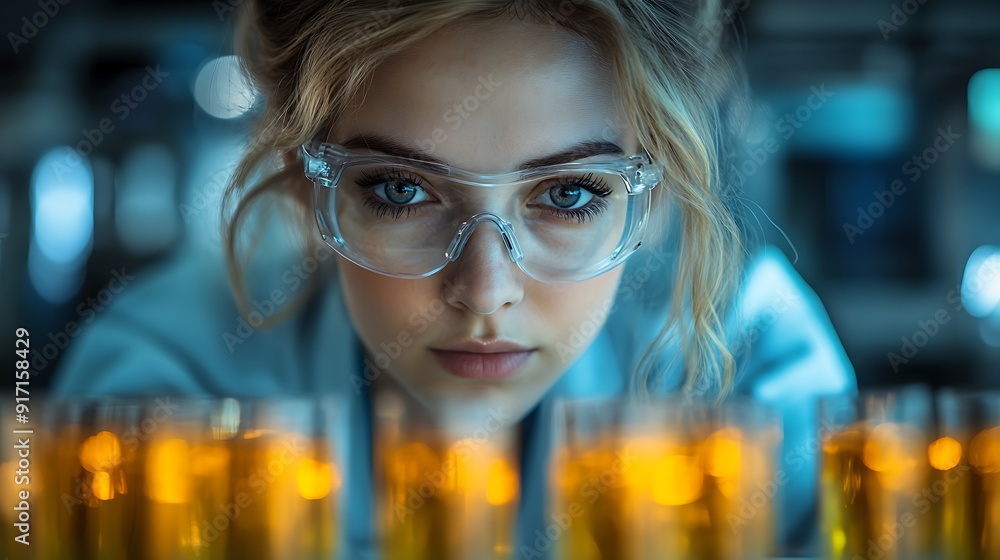Female scientist with safety glasses looking at test tubes in a laboratory. Female scientist with safety glasses looking at test tubes in a laboratory.