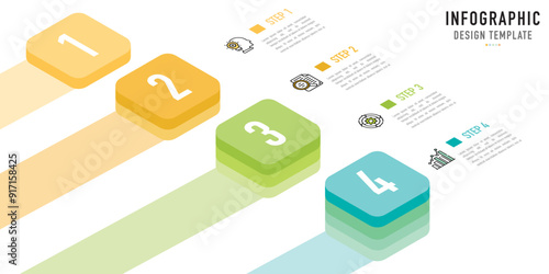 Rectangular isometric infographic template or element with 4 step, process, option, colorful rectangle, bar, column, arrow, minimal style, slide