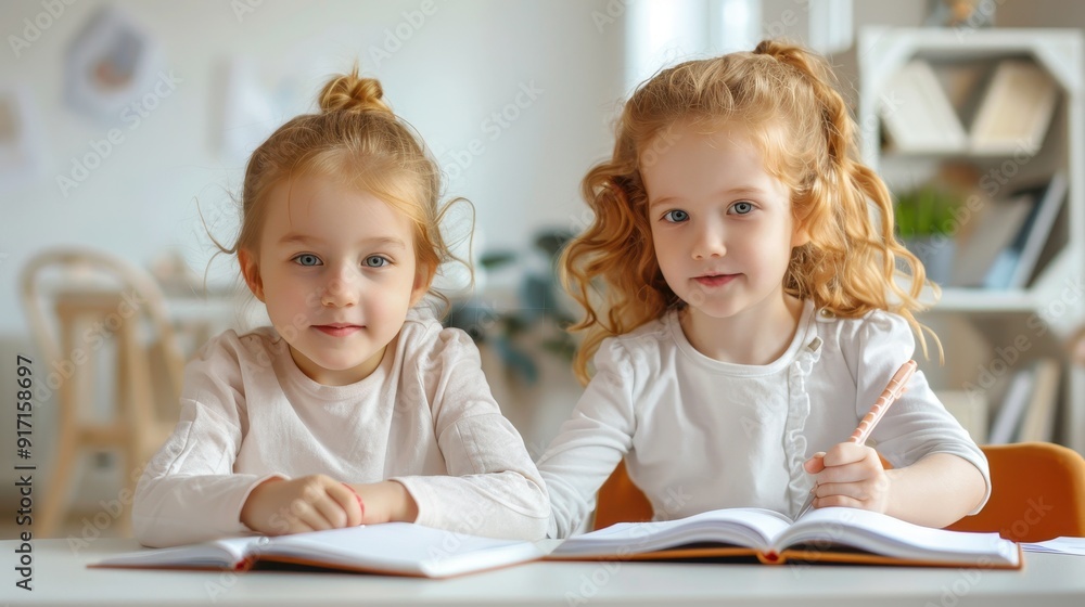Two cheerful girls studying at a table with books, showcasing teamwork and learning in a bright and cozy environment. Two cheerful girls studying at a table with books, showcasing teamwork and learning in a bright and cozy environment.