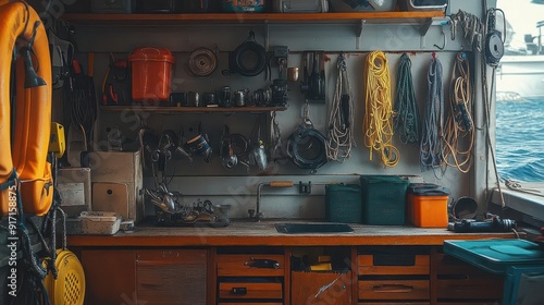 A wellequipped fishing vessel showcases its gear, each item essential for a successful day at sea