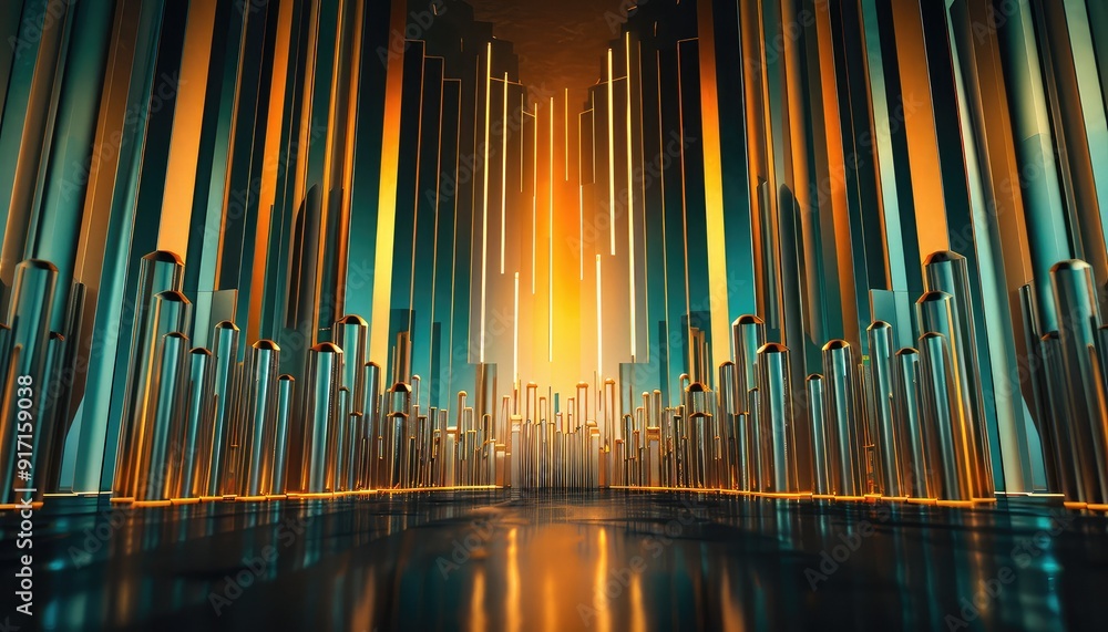 Futuristic abstract metallic cityscape with glowing lights, reflecting symmetrical cylindrical structures, digital art illustration