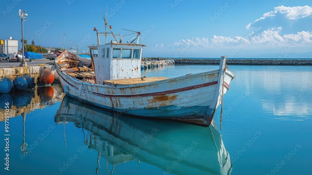 A traditional fishing boat rests in the harbor, its design a testament to generations of maritime heritage A traditional fishing boat rests in the harbor, its design a testament to generations of maritime heritage