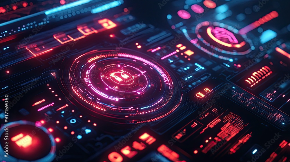 Top view of a dynamic digital interface with glowing tech elements and geometric shapes Top view of a dynamic digital interface with glowing tech elements and geometric shapes