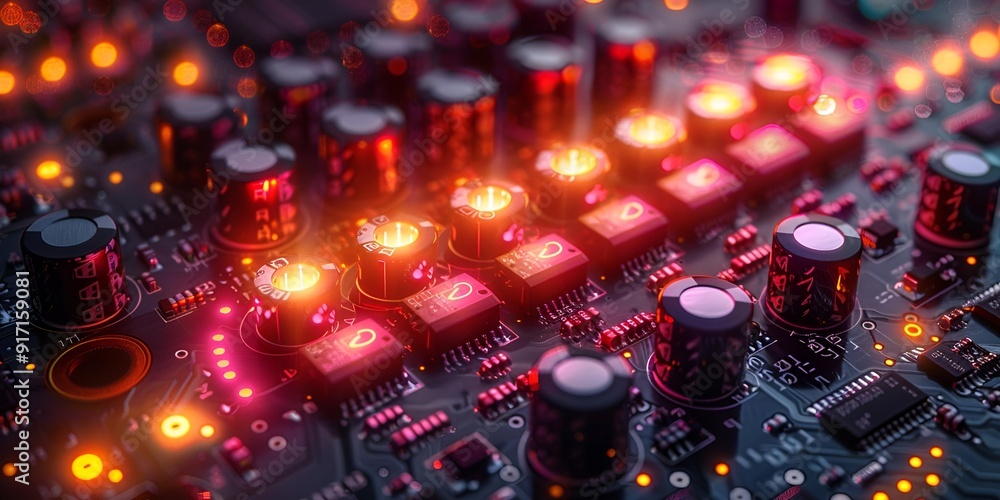 A detailed close-up view of various electronic components arranged on a circuit board. A detailed close-up view of various electronic components arranged on a circuit board.