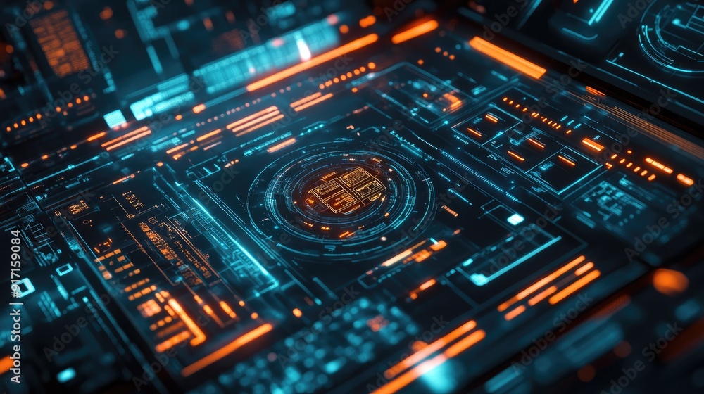 Top view of a dynamic digital interface with glowing tech elements and geometric shapes Top view of a dynamic digital interface with glowing tech elements and geometric shapes