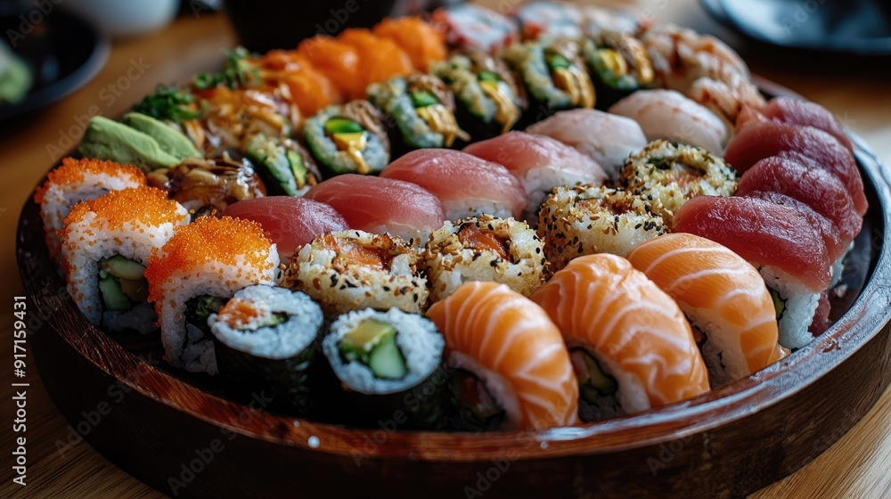 Top view of a fresh sushi platter with various rolls and sashimi Top view of a fresh sushi platter with various rolls and sashimi