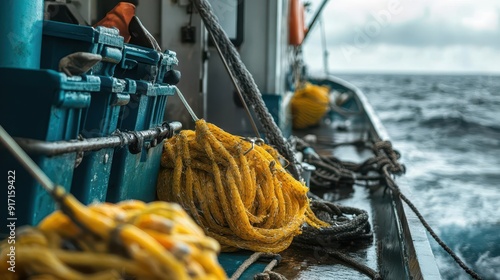 The fishing gear on board is set for a successful venture, as the crew navigates through open waters