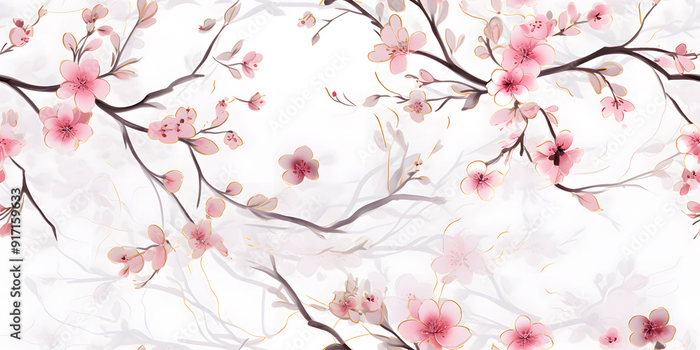Fototapeta premium Seamless Elegant Watercolor Pink Floral Wallpaper Design with Leaves and Branches on Pink Background. Seamless Tile Flower Wall Sticker, Wallpaper, Textile, Fabric, Packaging