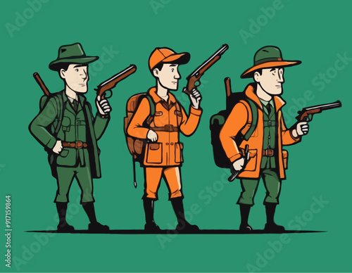 Hunters lokking for prey. Vector caricature. Hunters losers. Comic hunters
