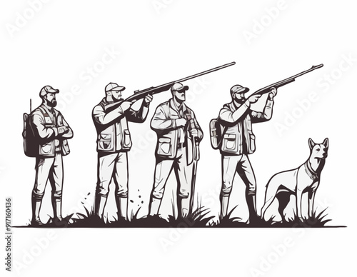 Hunters lokking for prey. Vector caricature. Hunters losers. Comic hunters