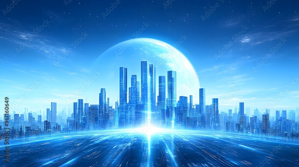 Digital Futuristic City Skyline with Blue Gradient Planet on Horizon Digital Futuristic City Skyline with Blue Gradient Planet on Horizon