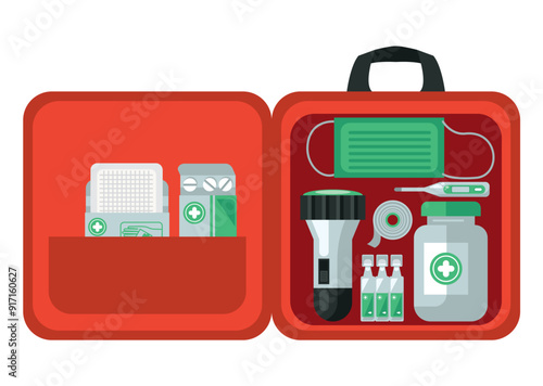 open first aid kit with medicines supplies