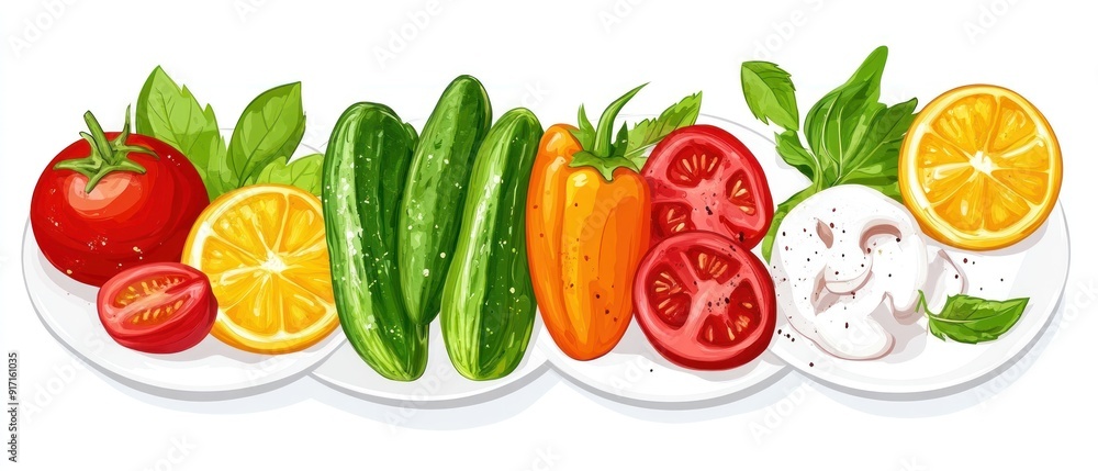Fresh Vegetables and Fruit on White Plates Fresh Vegetables and Fruit on White Plates
