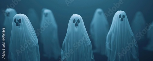 Ethereal ghosts floating in the air, forming a spooky Halloween scene, editorial shot, empty copy space for text photo