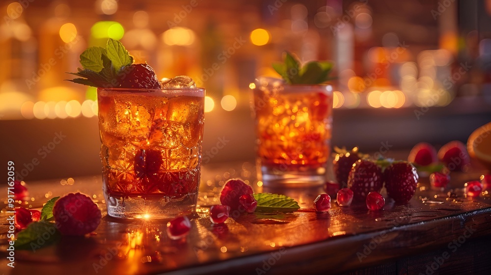 Two stylish glasses of vibrant cocktails adorned with berries and mint leaves. Two stylish glasses of vibrant cocktails adorned with berries and mint leaves.