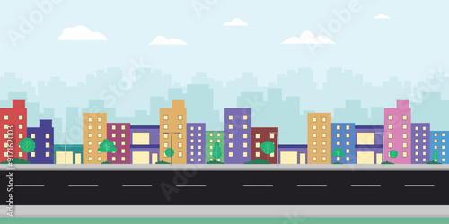 City Street Urban Panorama Road has a horizontal cityscape. Flat Vector Illustration