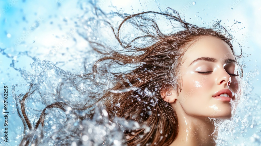 Beautiful woman with long hair and clear skin surrounded by water splashes. Beautiful woman with long hair and clear skin surrounded by water splashes.
