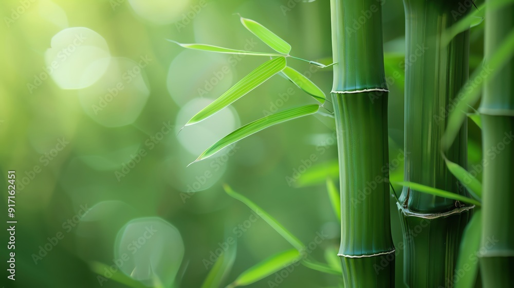 Obraz premium Close-up of vibrant green bamboo stalks and leaves, showcasing nature's beauty and serenity in a fresh, blurred environment.