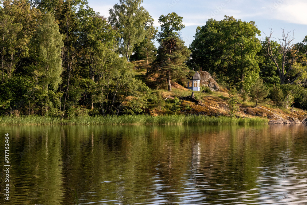 Rocky overgrown shore of a lake on a summer evening Rocky overgrown shore of a lake on a summer evening