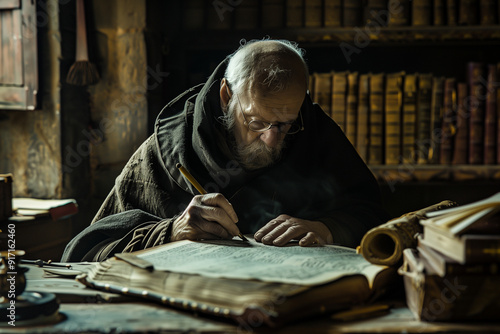 A medieval monk is deeply engrossed in transcribing a manuscript by hand in a dimly lit scriptorium, surrounded by ancient books and scrolls, reflecting the dedication to preserving knowledge photo