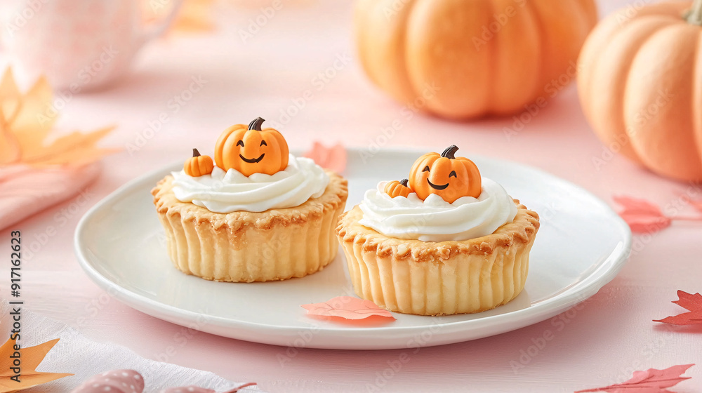 Two pumpkin cupcakes with frosting and pumpkin decorations on top. The cupcakes are on a white plate with a pink background. Two pumpkin cupcakes with frosting and pumpkin decorations on top. The cupcakes are on a white plate with a pink background.