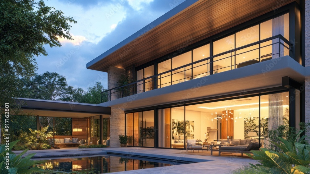 Fototapeta premium A modern house with a swimming pool and a lush garden.