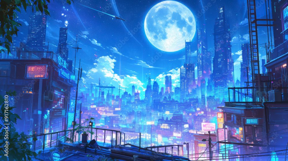Obraz premium Anime illustration of Futuristic cityscape at night with a large full moon, skyscrapers, neon lights, and a spaceship flying through the starry sky
