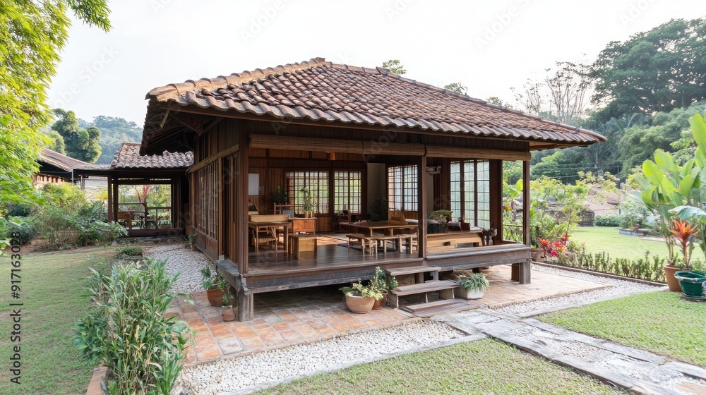 Traditional wooden house with tiled roof and surrounded by a lush garden.