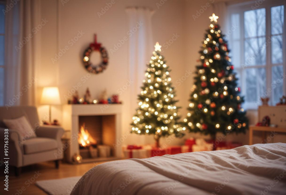a christmas tree with ornaments and lights, with a blurred background of a cozy bed room, decoration bedroom tree christmas a christmas tree with ornaments and lights, with a blurred background of a cozy bed room, decoration bedroom tree christmas