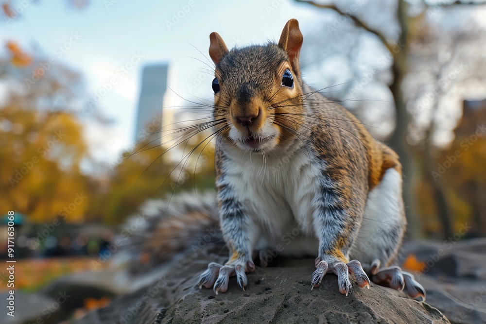 A close-up of a curious squirrel perched on a rock, surrounded by autumn foliage in a vibrant urban park setting. A close-up of a curious squirrel perched on a rock, surrounded by autumn foliage in a vibrant urban park setting.