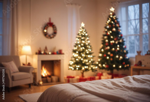 a christmas tree with ornaments and lights, with a blurred background of a cozy bed room, decoration bedroom tree christmas