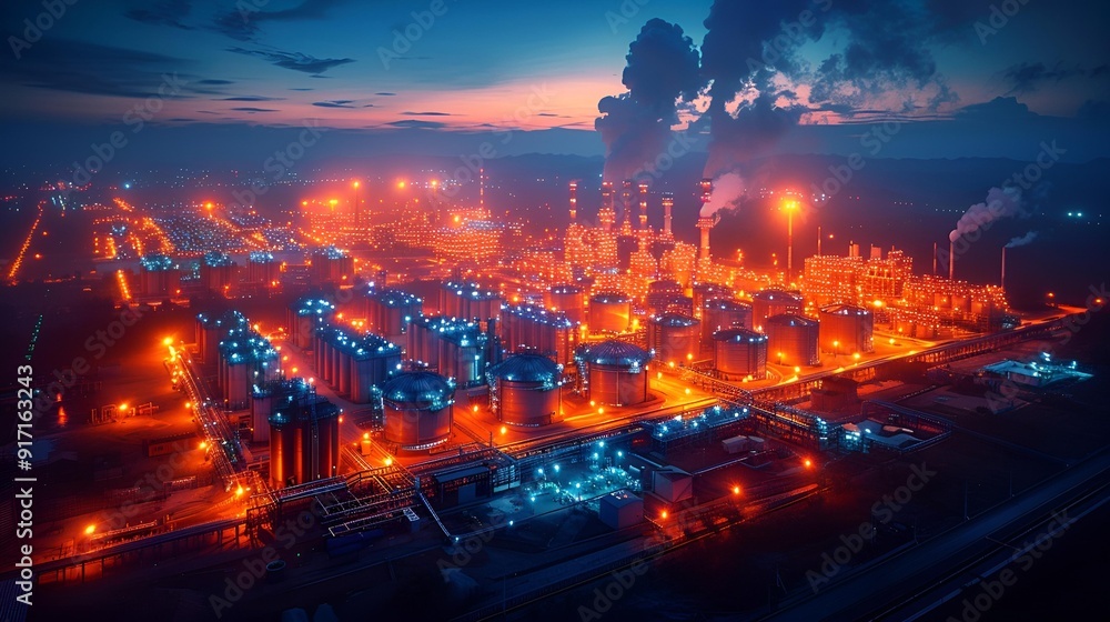 Obraz premium A nighttime view of an industrial plant, featuring bright lights .