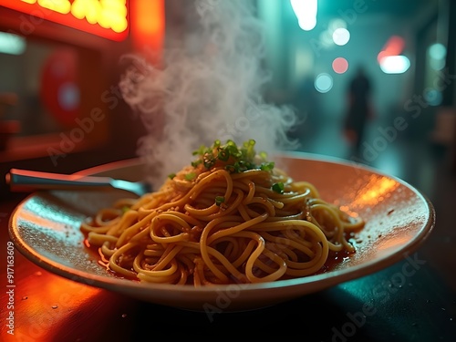 Noddles in a big platewith fork, food, spicy noddles, street food, pasta, spaghetti.
