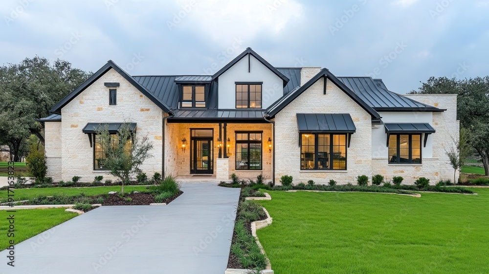 Modern farmhouse with stone exterior, black roof, and landscaping. Modern farmhouse with stone exterior, black roof, and landscaping.