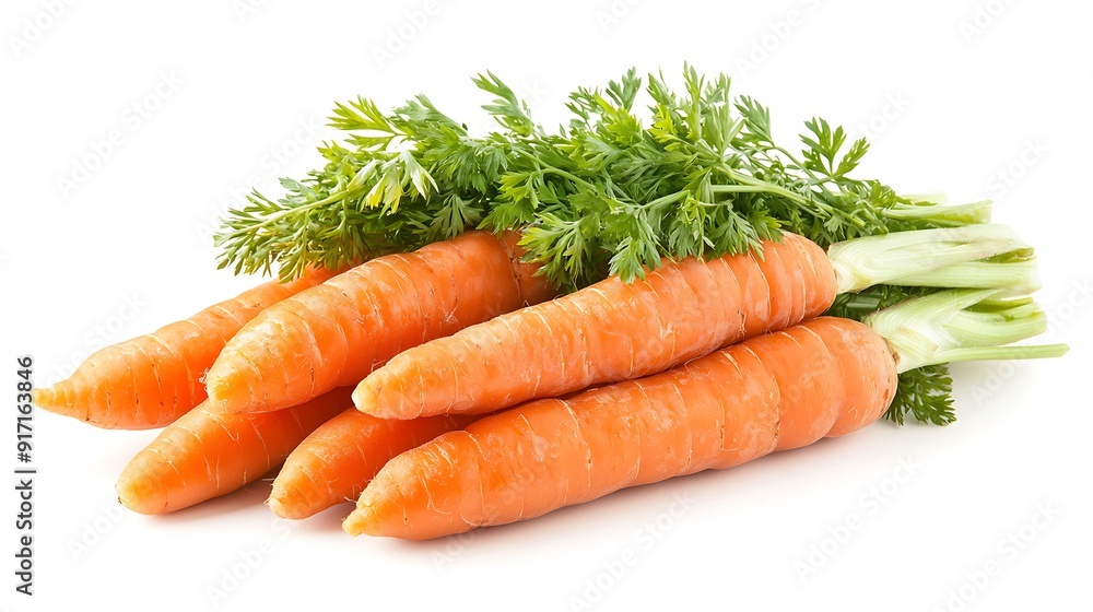 Freshly Harvested: A cluster of vibrant carrots, complete with lush green tops, lie against a pristine white backdrop, embodying farm-fresh goodness. Freshly Harvested: A cluster of vibrant carrots, complete with lush green tops, lie against a pristine white backdrop, embodying farm-fresh goodness.