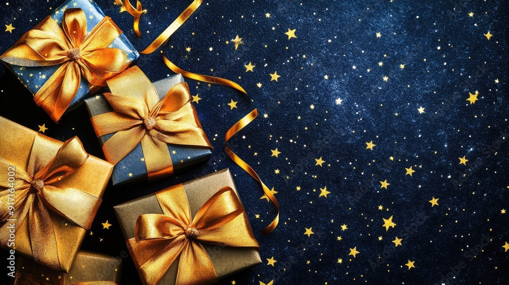 gifts with golden bows and ribbons placed on background near stars with copy space gifts with golden bows and ribbons placed on background near stars with copy space