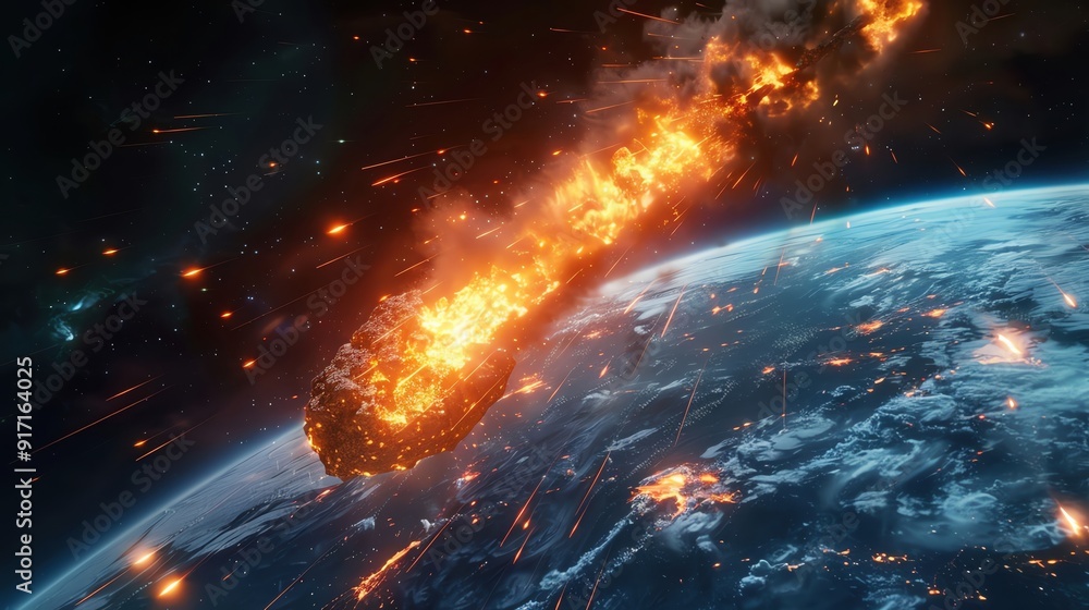 A dramatic scene of a fiery asteroid hurtling towards Earth, illustrating the power of cosmic forces and meteor impacts. A dramatic scene of a fiery asteroid hurtling towards Earth, illustrating the power of cosmic forces and meteor impacts.
