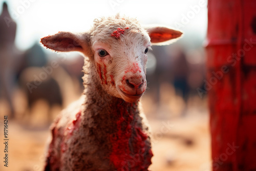 Illustration of Jesus portrayed as the Lamb, or sheep covered in ink, symbolizing Christ's passion on the cross.