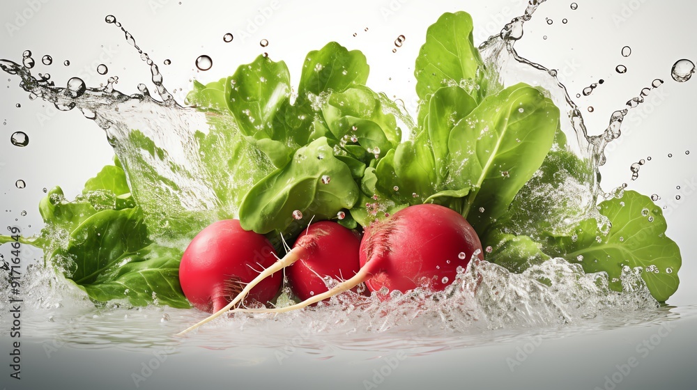Two fresh radishes with green leaves, splashed with water. Two fresh radishes with green leaves, splashed with water.