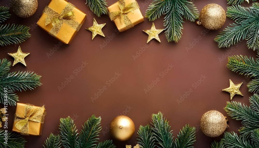 Beautiful Christmas background with a border of fir branches, golden Christmas toys, stars and gifts. New Year's decoration for congratulations Beautiful Christmas background with a border of fir branches, golden Christmas toys, stars and gifts. New Year's decoration for congratulations