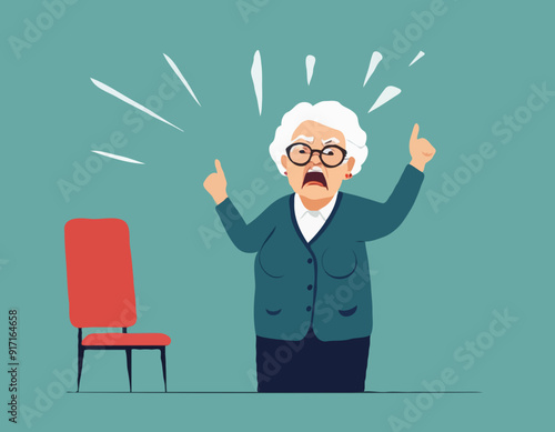 Angry grandma. Angry teacher. Wife getting angry while waiting for husband.
